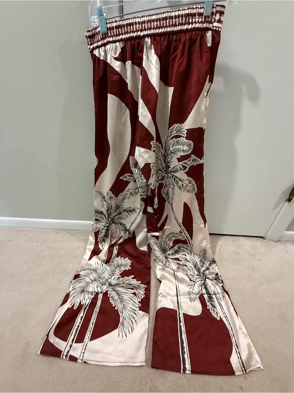 Wide Leg Tropical Print Satin Pants in Brown & Cream - Picture 2 of 4